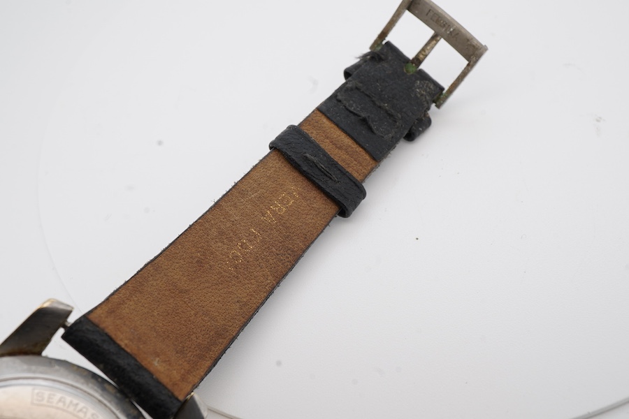 A gentleman's mid 1950's steel and gold plated Omega Seamaster Automatic Chronometer, with cross hair dial and baton numerals, movement c.354, case diameter 35mm, on an associated leather strap, no box or papers.